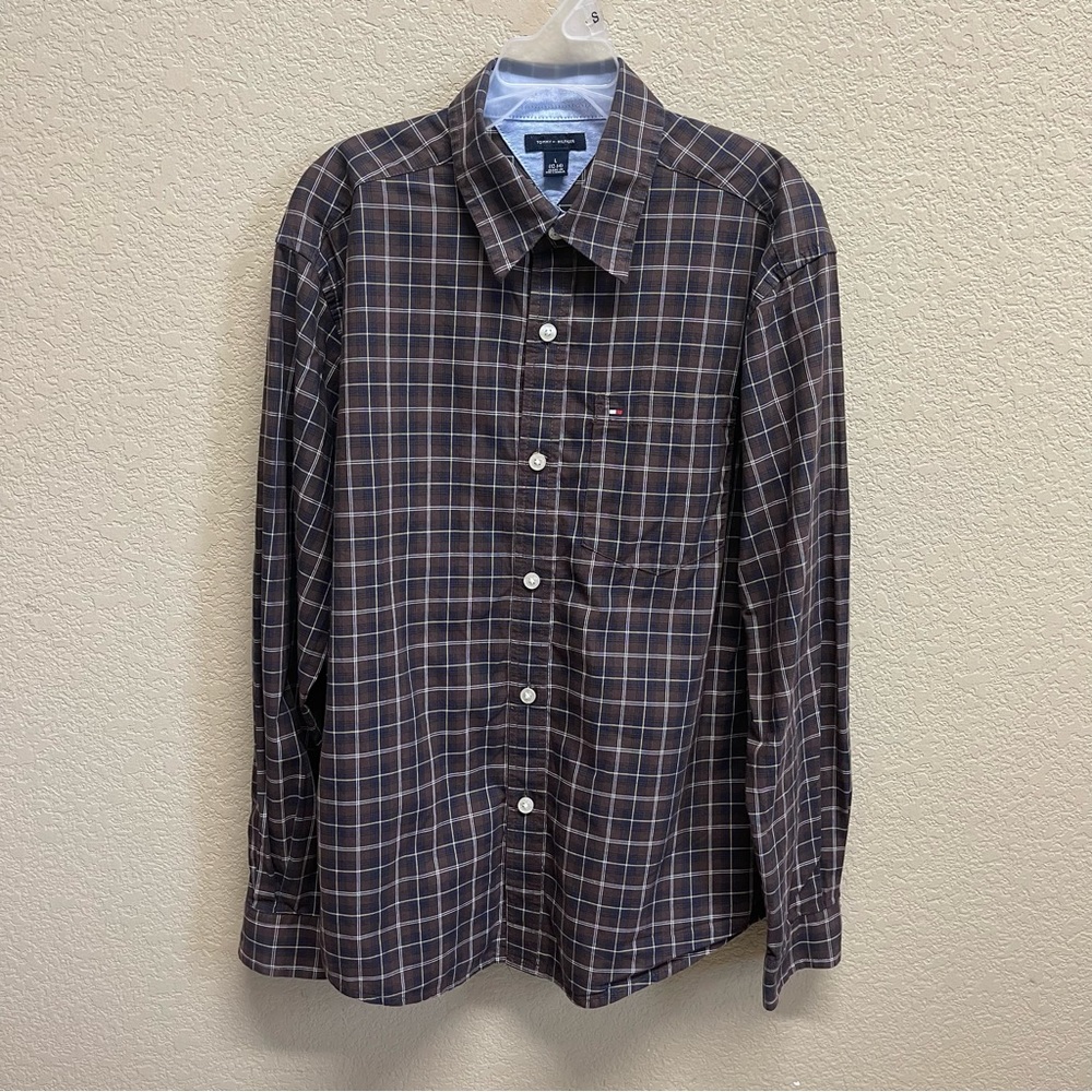 🛍️3/$15🛍️ TOMMY HILFIGER Boys Dress Shirt L (12-14) Brown Plaid EUC